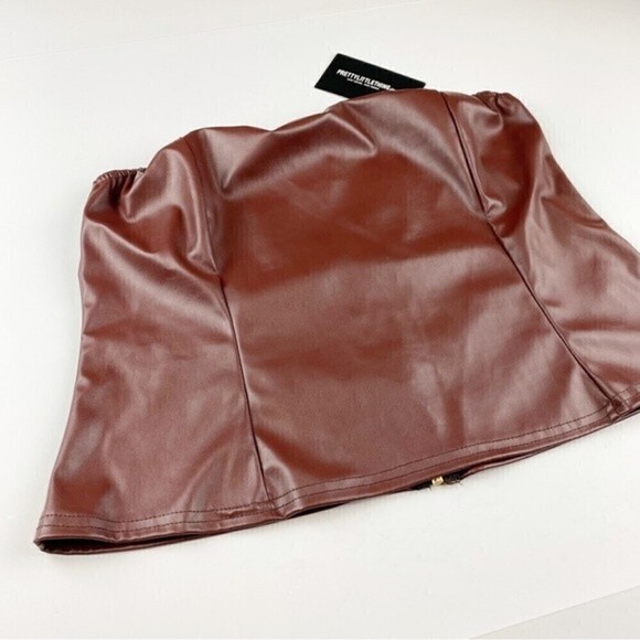 PrettyLittleThing Chocolate Brown High Shine Faux PU Leather Bandeau Size L NWT - Picture 4 of 11